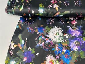 Fastvævet polyester - satin i sort med blomster