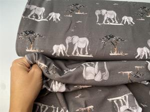 Bomuldsjersey - søde elefanter på gråbrun bund
