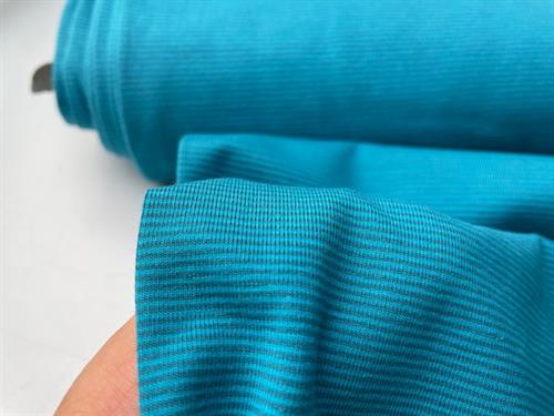 Bomuldsjersey - 1 mm striber i teal/dark teal