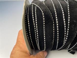 Vævet velour bånd - sort med hvidt mønster i kanten