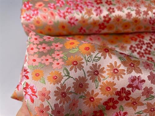 Fastvævet jacquard - smukt blomstermotiv i rosa og røde toner